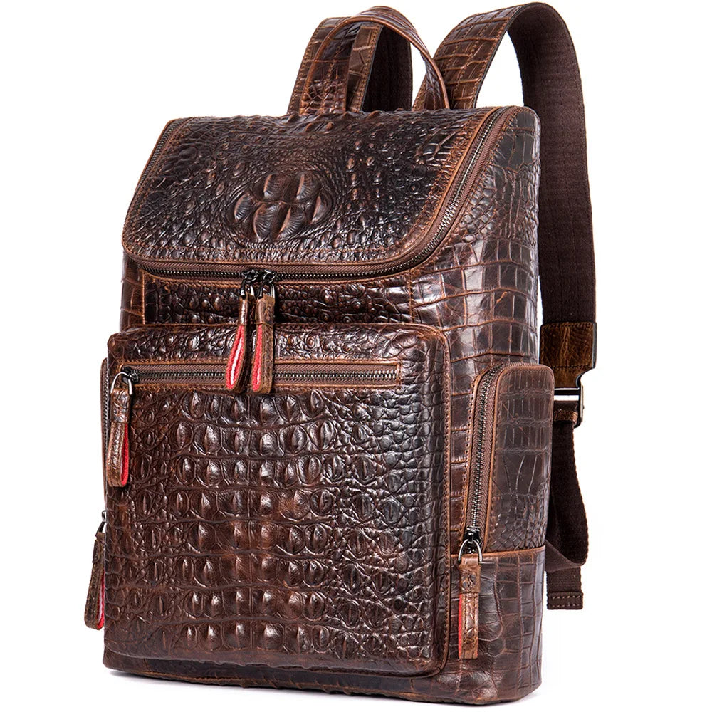 Crocodile Print Men's Leather Backpack Business Computer Backpack Cow Leather Crocodile Pattern Traveling Backpacks
