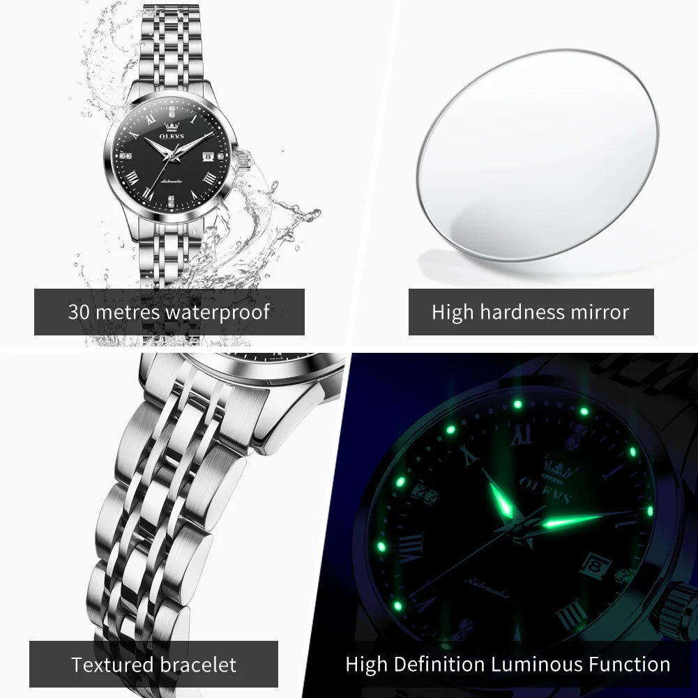 OLEVS 7062 Woman Watch Elegant Stainless Steel Waterproof Date Automatic Watch for Women Original Luxury Mechanical Wristwatches