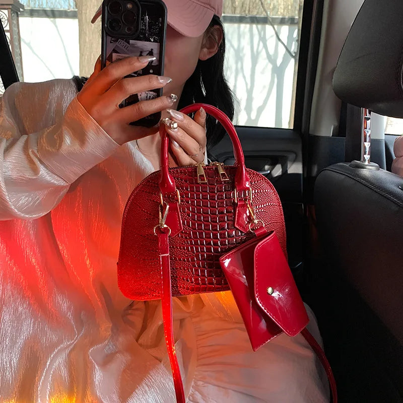 Crocodile Pattern PU Leather Handbag with Handle, Vintage Crossbody Shoulder Bag, Fashionable Small Purse