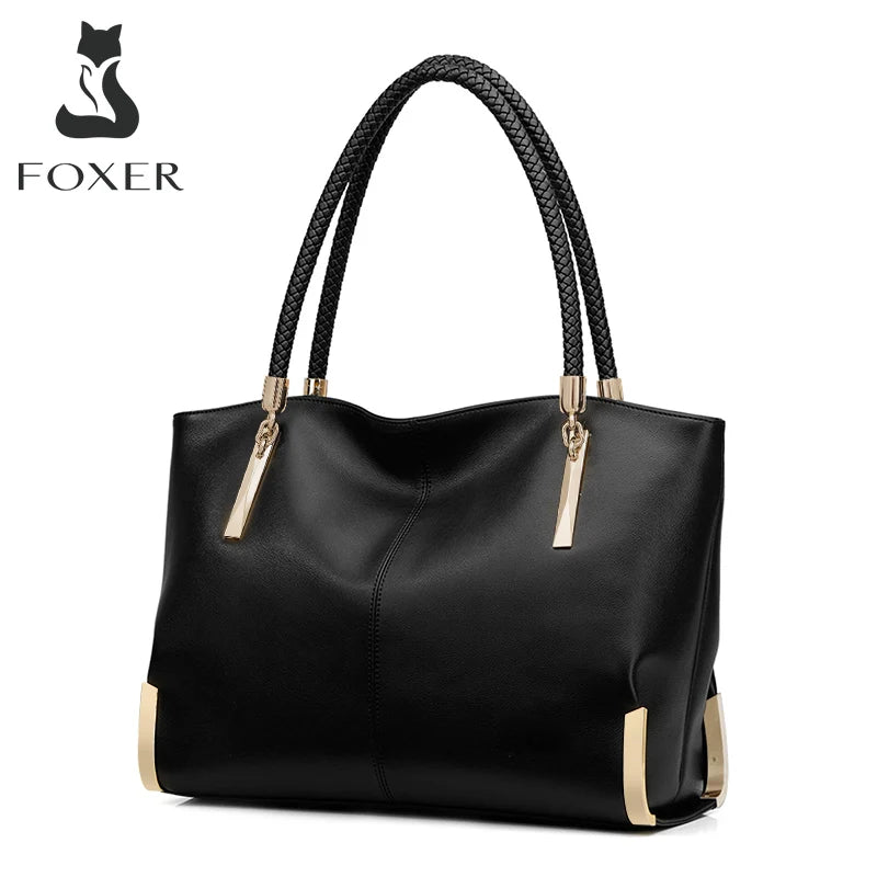 FOXER Brand Stylish Women Cowhide Leather Handbag Female Shoulder Bag Design Luxury Lady Large Capacity Zipper Top-Handle Bags