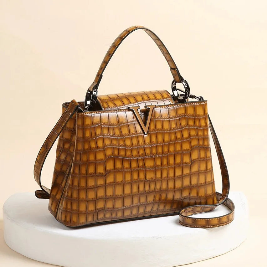 New Bright Leather Stone Pattern Women's Handbag Fashion Shoulder Messenger Bag Crocodile Pattern Portable Shell Bags 2025