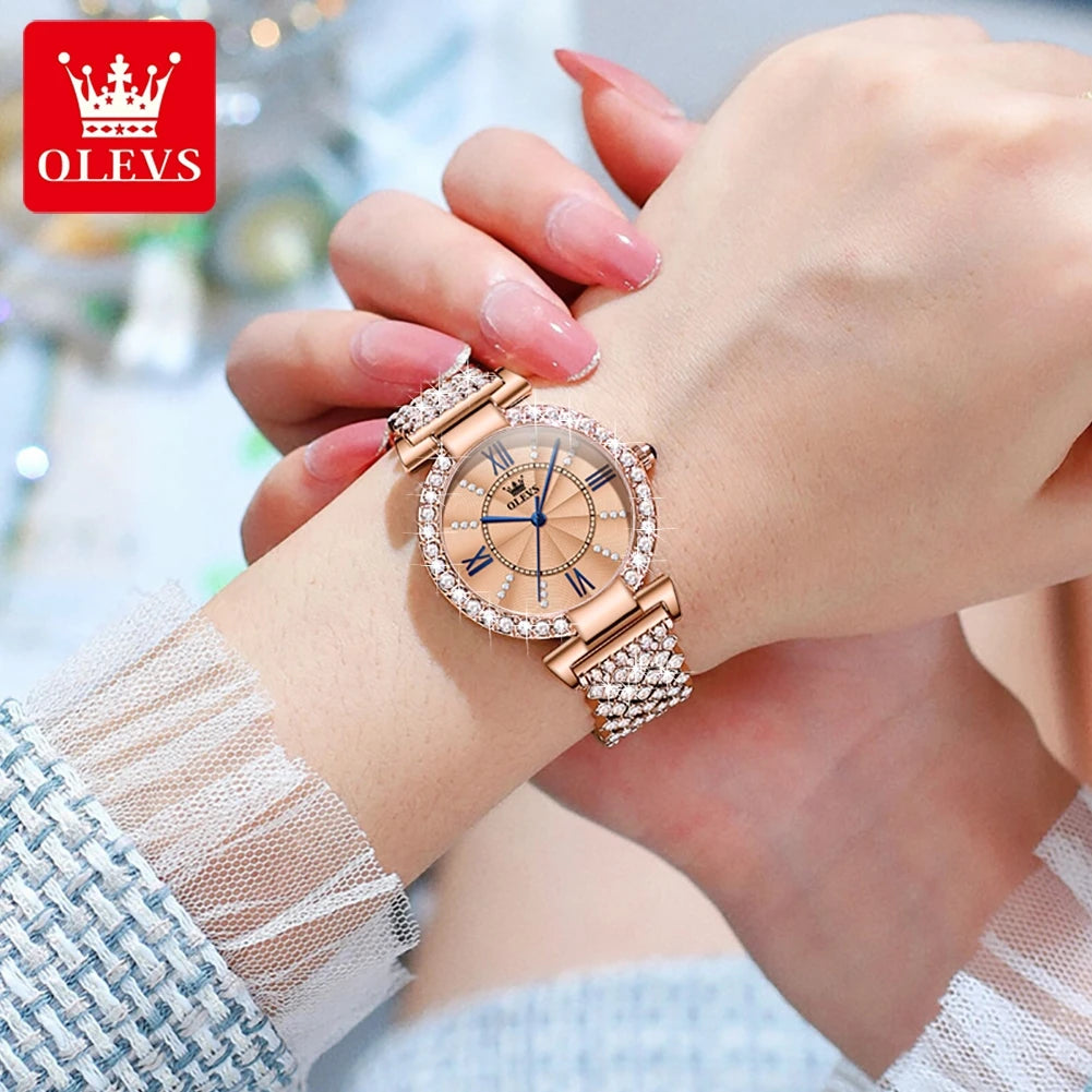 OLEVS Woman Watches Fully Diamond Quartz Watch for Women Elegant Rose Gold Steel Strap Waterproof Ladies Dress Wristwatches 9942
