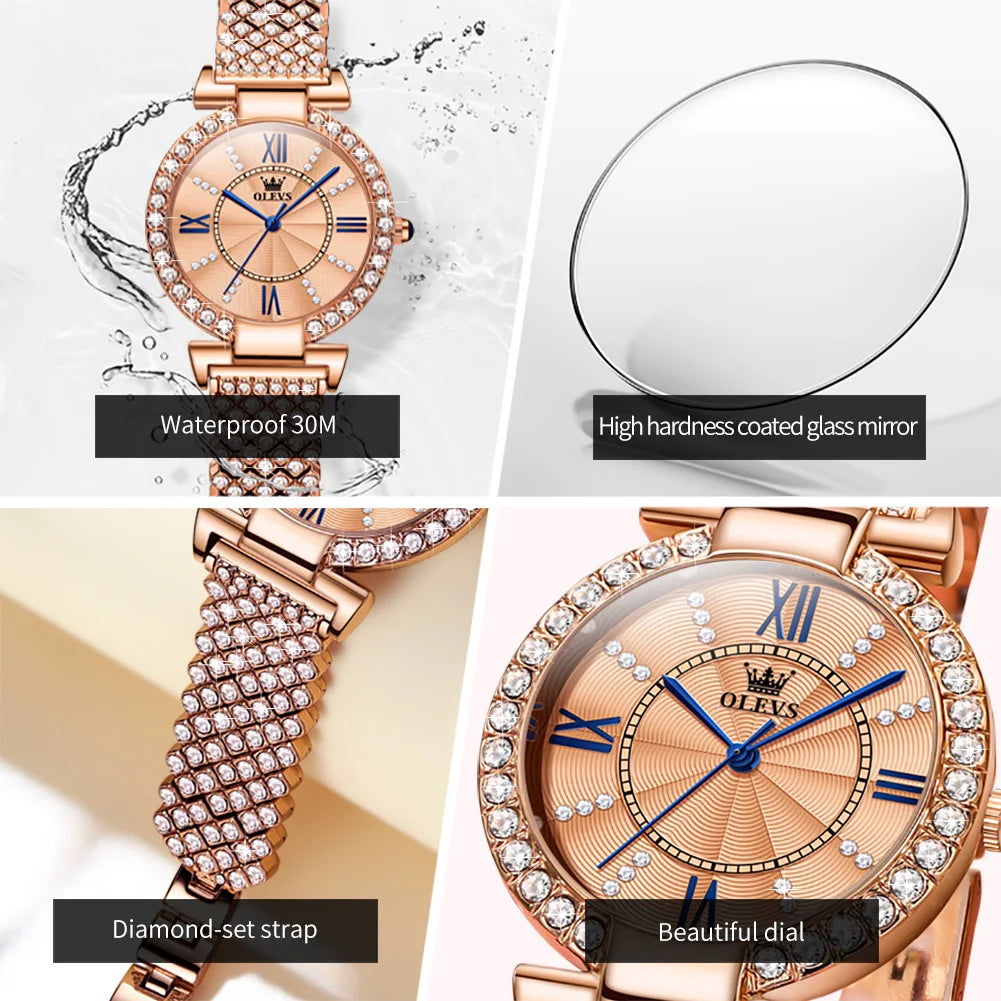 OLEVS Woman Watches Fully Diamond Quartz Watch for Women Elegant Rose Gold Steel Strap Waterproof Ladies Dress Wristwatches 9942