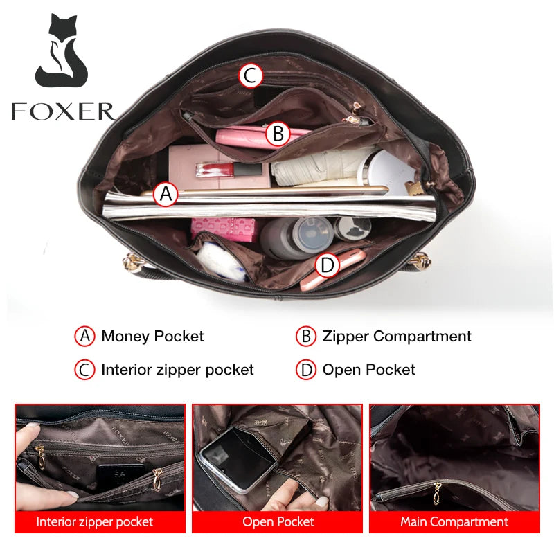 FOXER Brand Stylish Women Cowhide Leather Handbag Female Shoulder Bag Design Luxury Lady Large Capacity Zipper Top-Handle Bags
