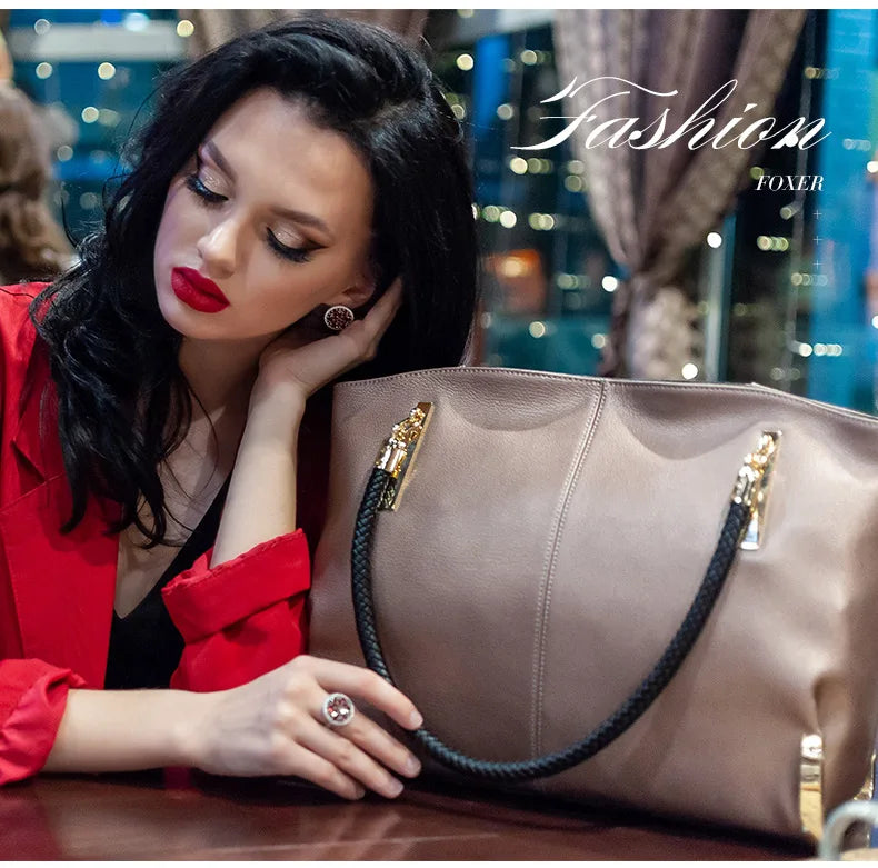 FOXER Brand Stylish Women Cowhide Leather Handbag Female Shoulder Bag Design Luxury Lady Large Capacity Zipper Top-Handle Bags