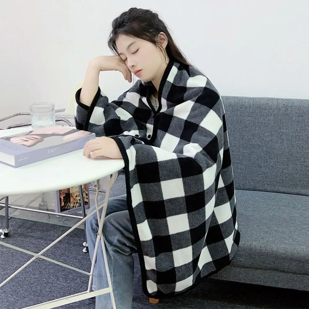 Throw Blankets Plaid Blanket Wearable Blanket Thicken Soft Home Shawl with Button Polyester Flannel Blanket Travel