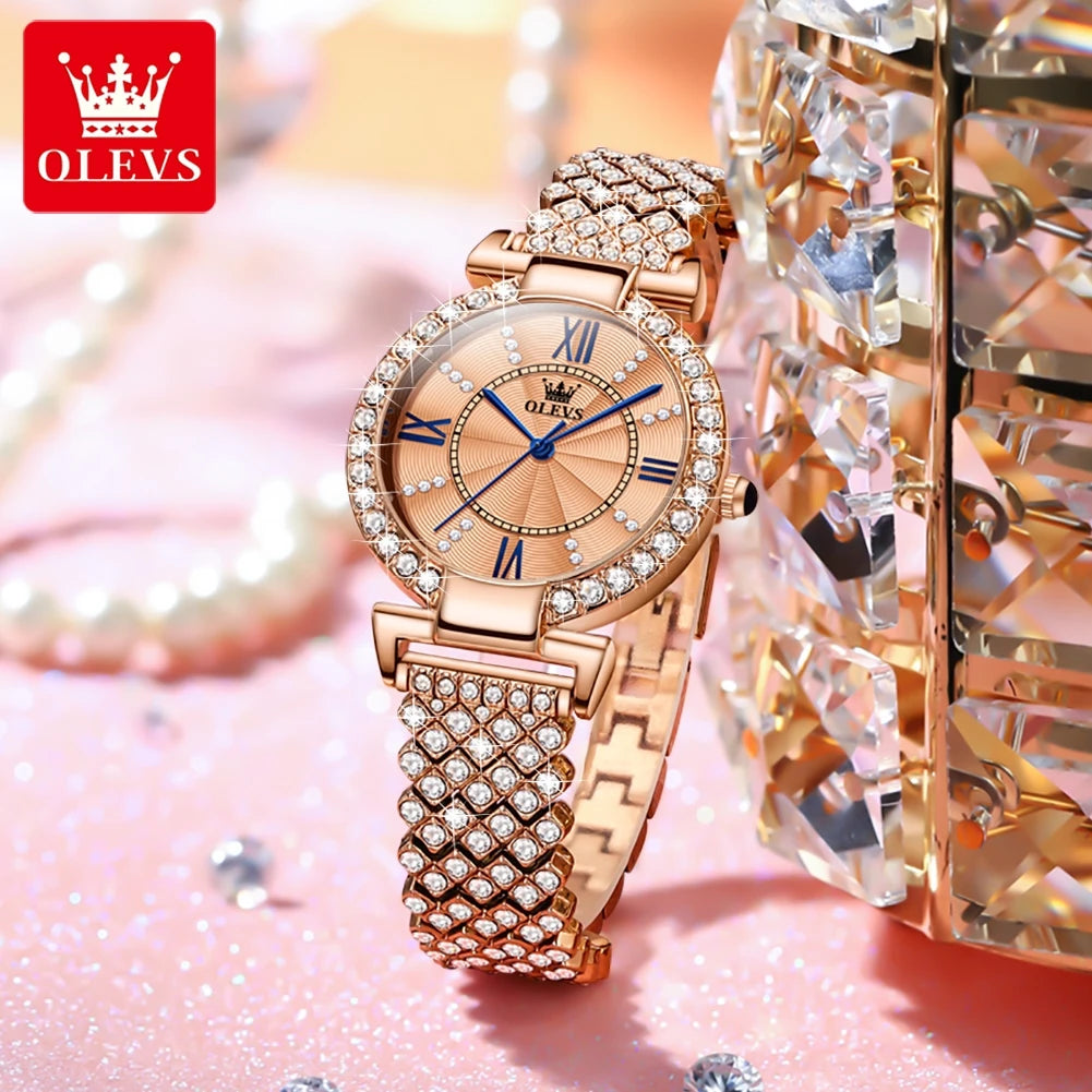 OLEVS Woman Watches Fully Diamond Quartz Watch for Women Elegant Rose Gold Steel Strap Waterproof Ladies Dress Wristwatches 9942