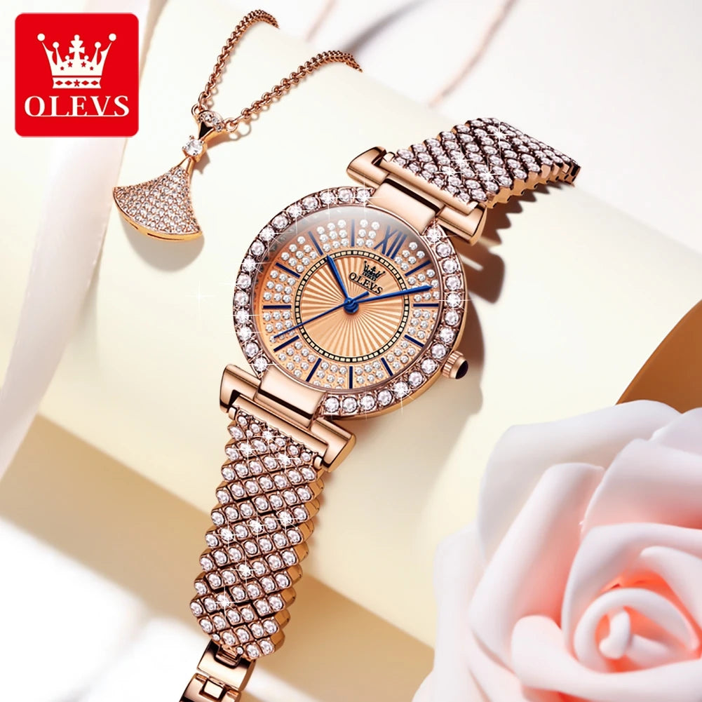 OLEVS Woman Watches Fully Diamond Quartz Watch for Women Elegant Rose Gold Steel Strap Waterproof Ladies Dress Wristwatches 9942