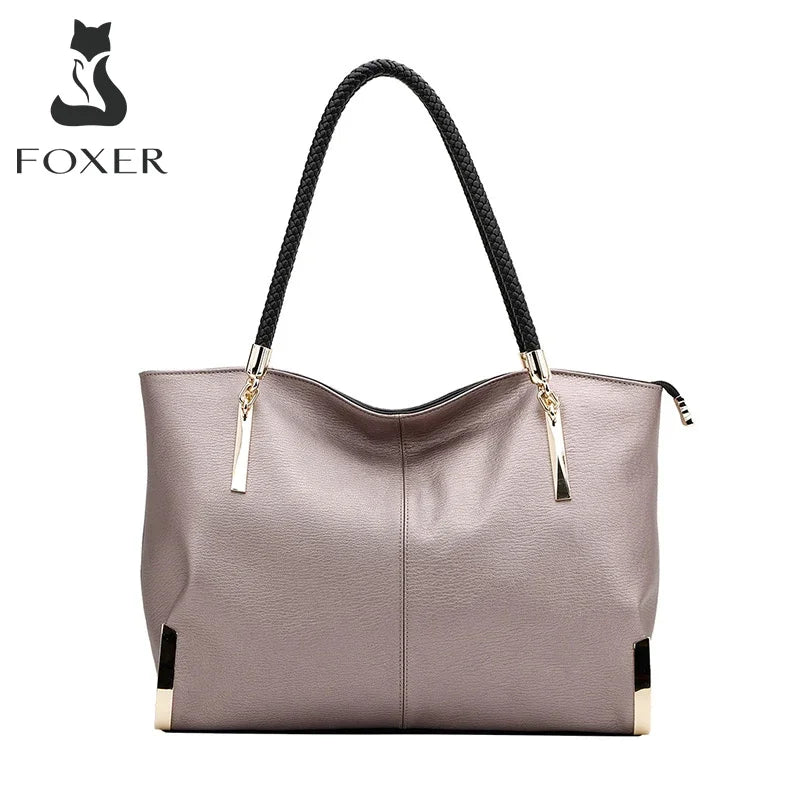FOXER Brand Stylish Women Cowhide Leather Handbag Female Shoulder Bag Design Luxury Lady Large Capacity Zipper Top-Handle Bags