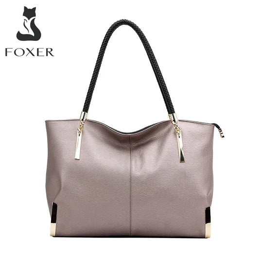 FOXER Brand Stylish Women Cowhide Leather Handbag Female Shoulder Bag Design Luxury Lady Large Capacity Zipper Top-Handle Bags