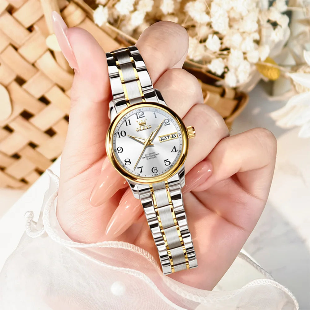 OLEVS Luxury Watch for Woman Ladies Elegant Automatic Mechanical  Watch Waterproof Luminous Date Stainless Steel Women's Watches