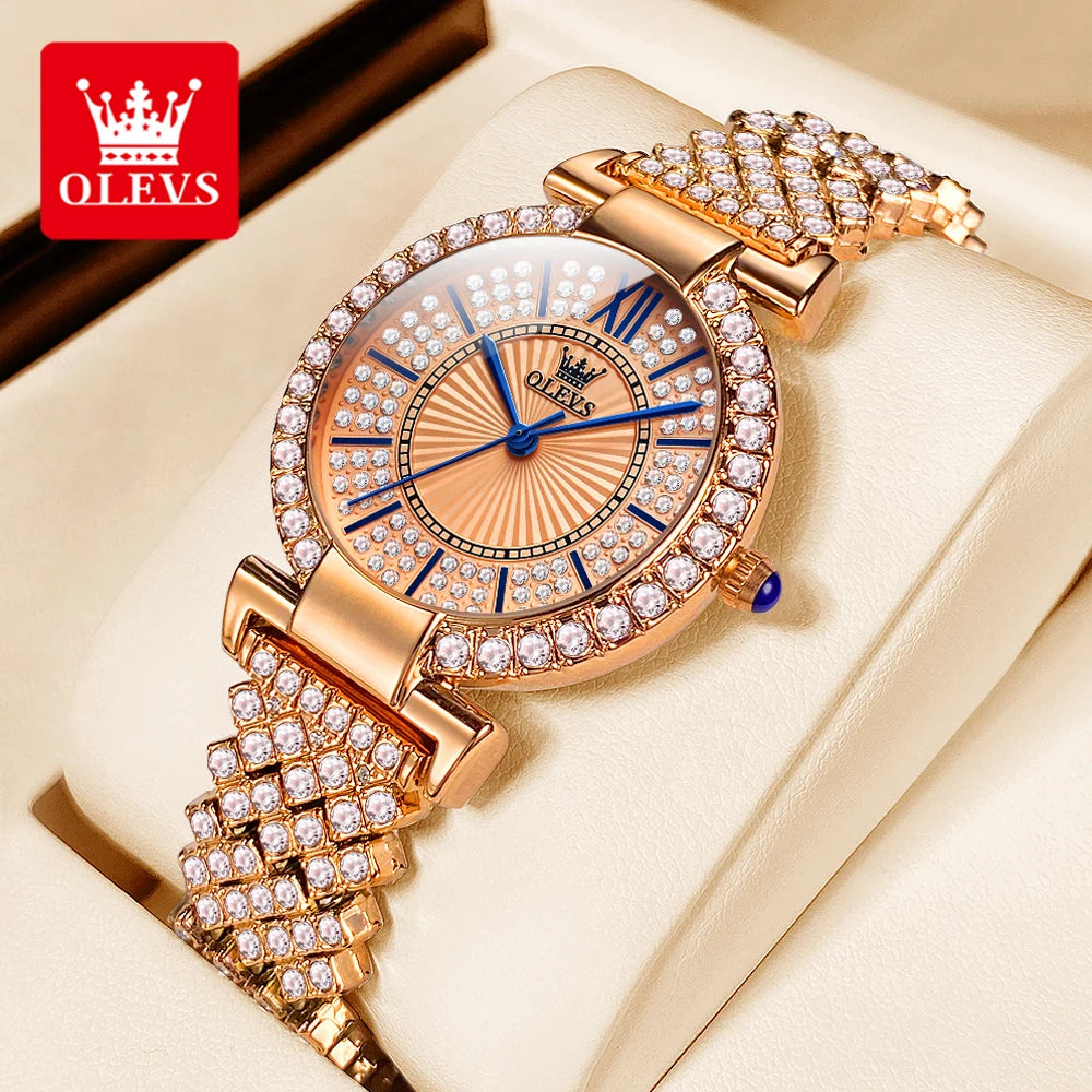 OLEVS Woman Watches Fully Diamond Quartz Watch for Women Elegant Rose Gold Steel Strap Waterproof Ladies Dress Wristwatches 9942