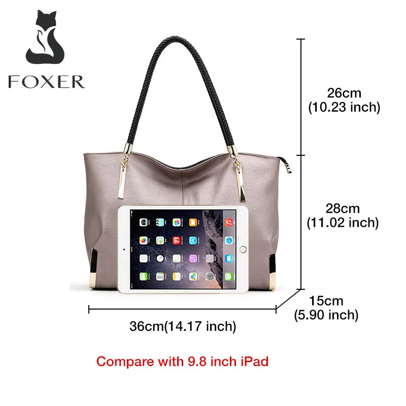 FOXER Brand Stylish Women Cowhide Leather Handbag Female Shoulder Bag Design Luxury Lady Large Capacity Zipper Top-Handle Bags