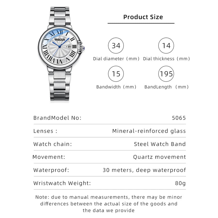 YASHIDUN ladies' watches are fashionable and elegant quartz watches with solid steel straps