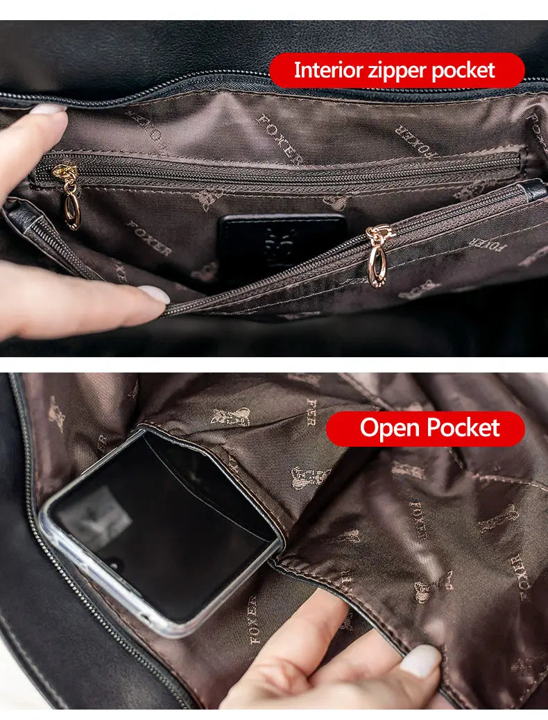 FOXER Brand Stylish Women Cowhide Leather Handbag Female Shoulder Bag Design Luxury Lady Large Capacity Zipper Top-Handle Bags