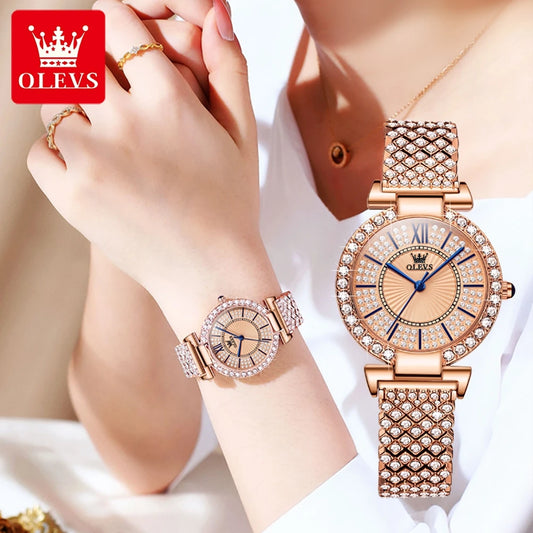OLEVS Woman Watches Fully Diamond Quartz Watch for Women Elegant Rose Gold Steel Strap Waterproof Ladies Dress Wristwatches 9942