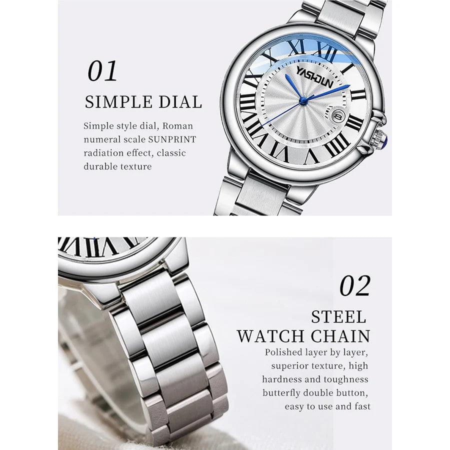 YASHIDUN ladies' watches are fashionable and elegant quartz watches with solid steel straps