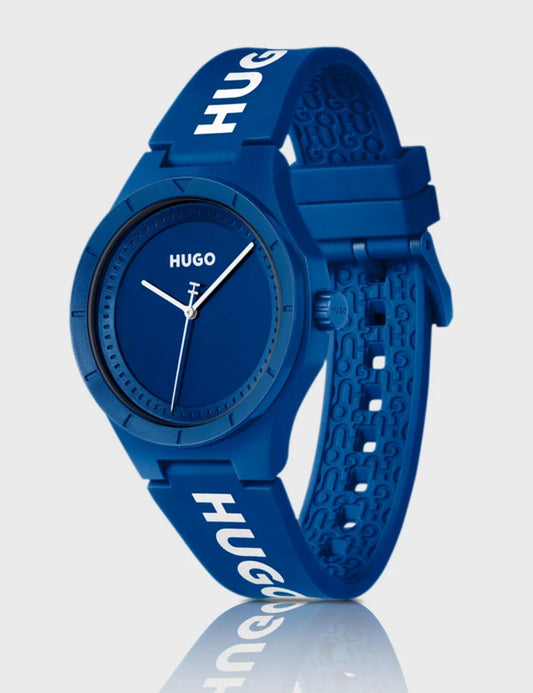 Relogio azul com bracelete de silicone com logotipo